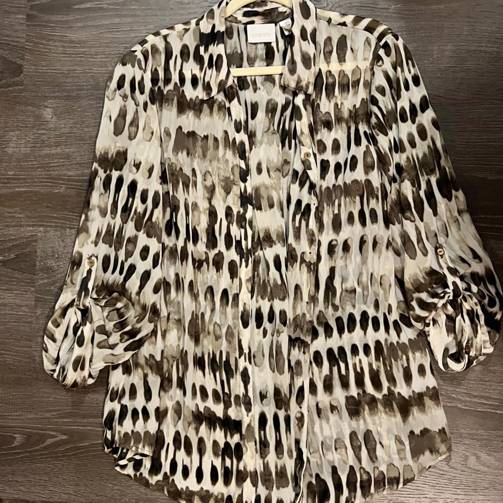 Chico's Brown and Black Boxy Blouse with Mandarin Collar